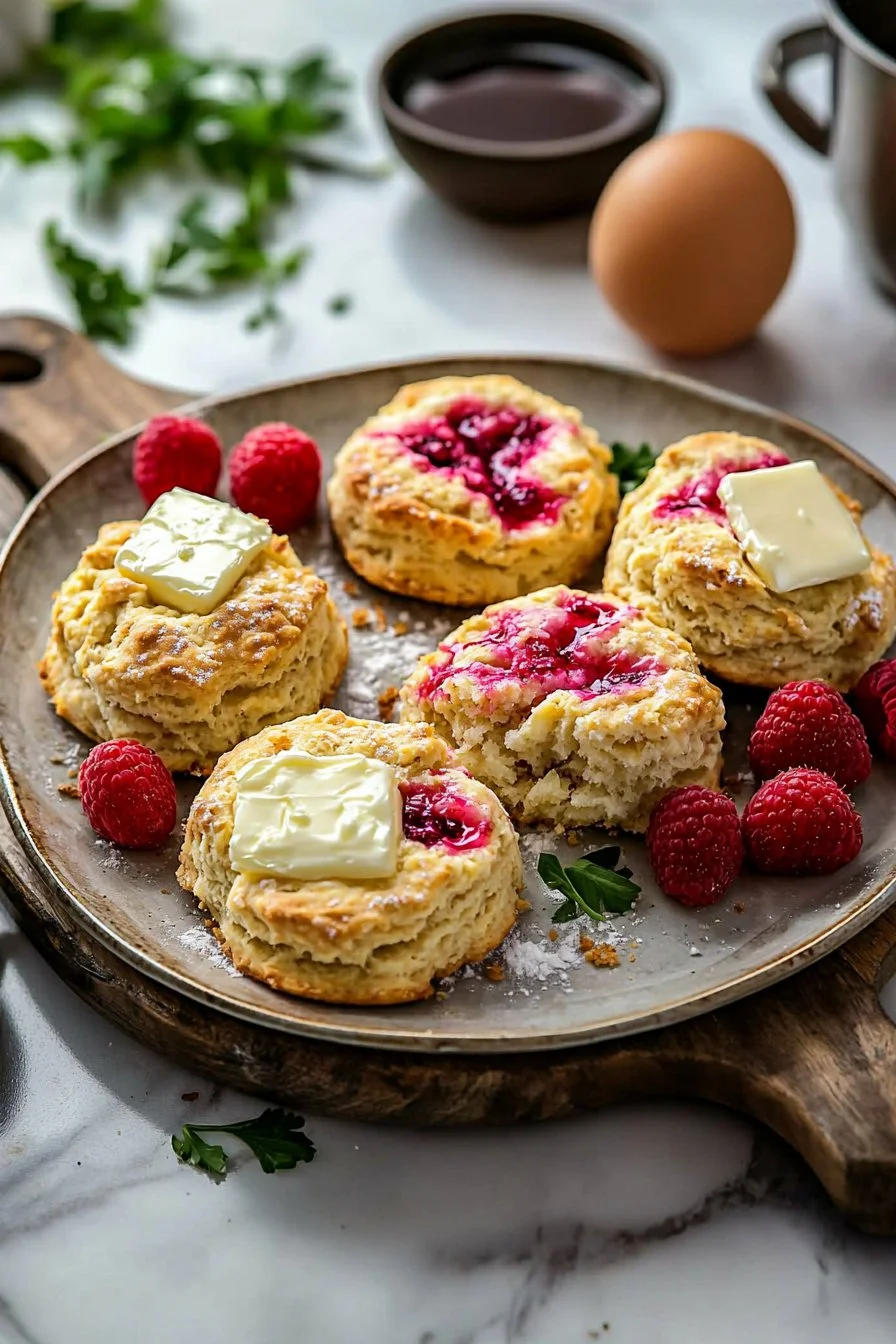 Leckere Himbeer-Scones im Bäckerei-Style auf einem Teller