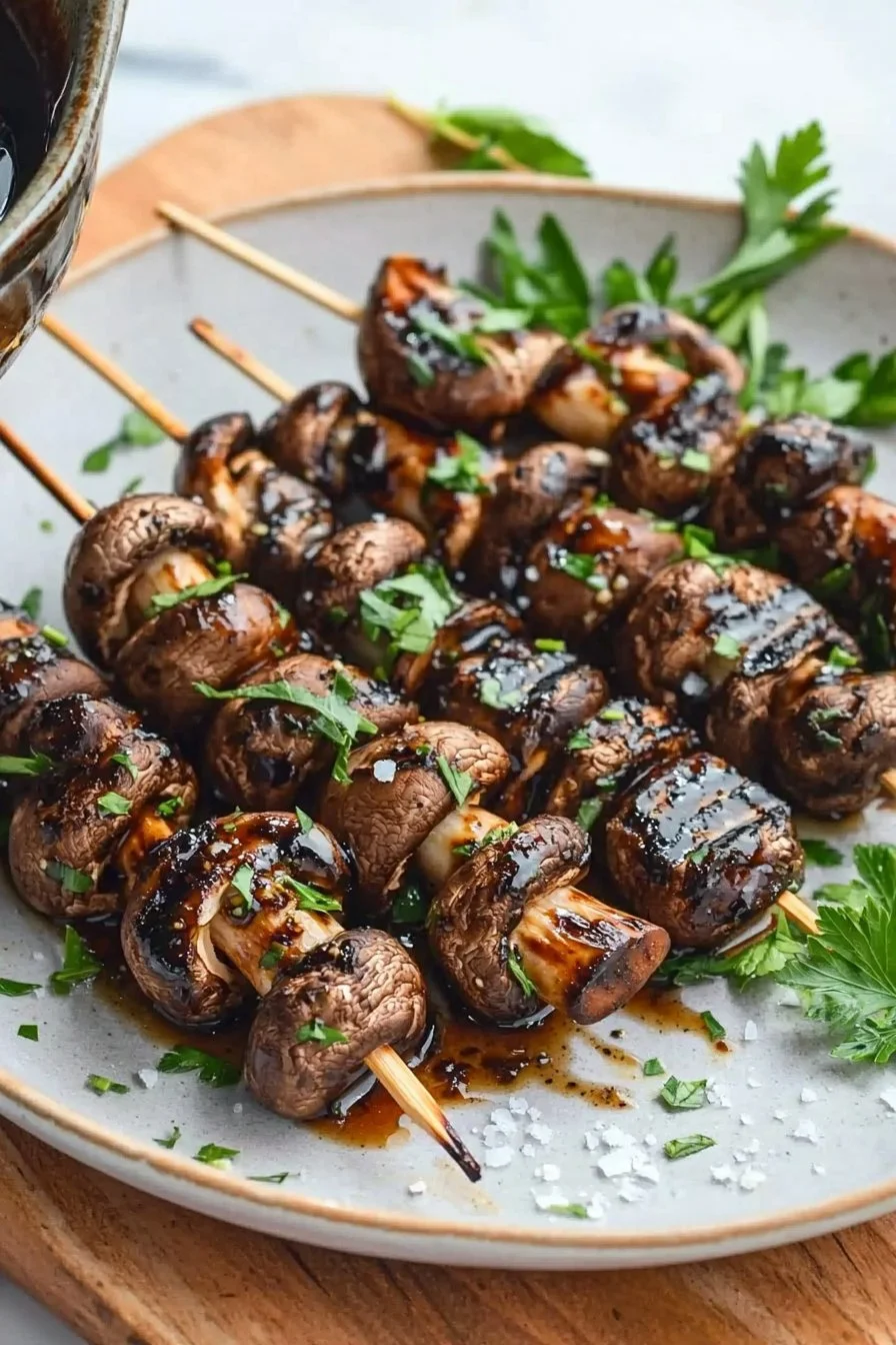 Balsamico-Knoblauch-gegrillte Pilzspieße auf einem Grill