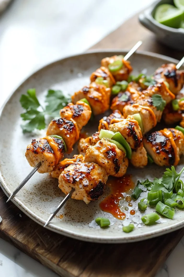 Bang Bang Hähnchenspieße mit würziger Sauce auf einem Grill