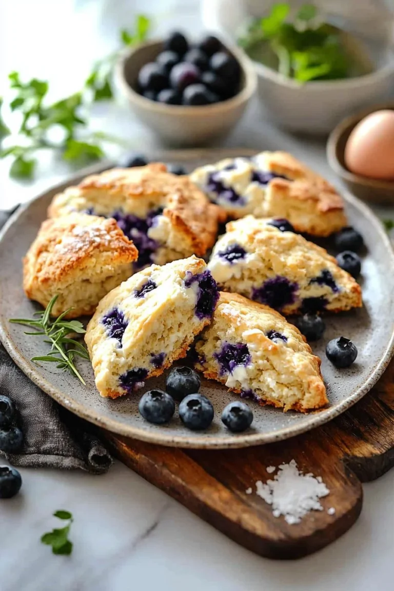 Blaubeer-Joghurt-Scones mit griechischem Joghurt frisch gebacken auf einem Teller