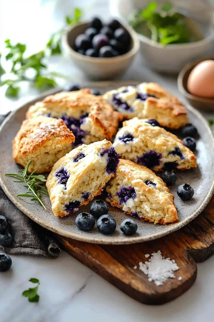 Blaubeer-Joghurt-Scones mit griechischem Joghurt frisch gebacken auf einem Teller