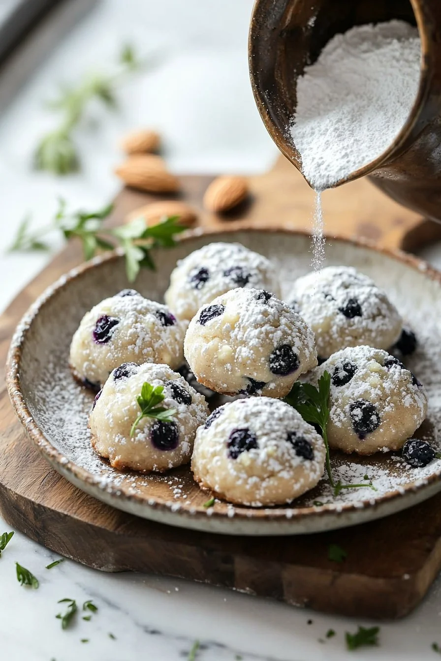 Blaubeer-Mandel-Schneeball-Kekse auf einem Teller