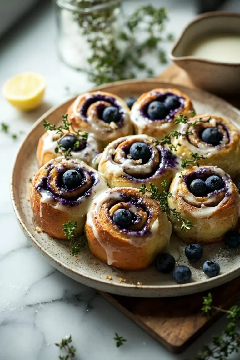 Frisch gebackene Blaubeer-Zimt-Brötchen mit saftigen Blaubeeren und Zimt.