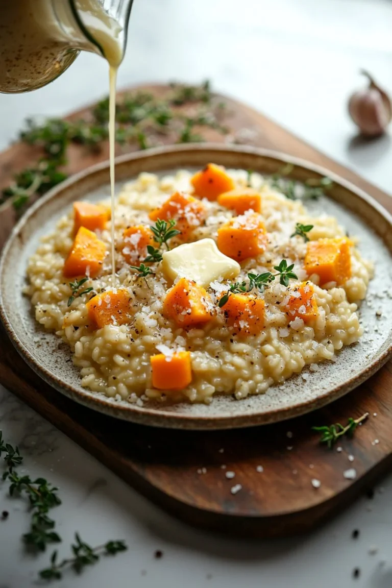 Braune Butter Butternut-Kürbis-Risotto auf einem Teller serviert.