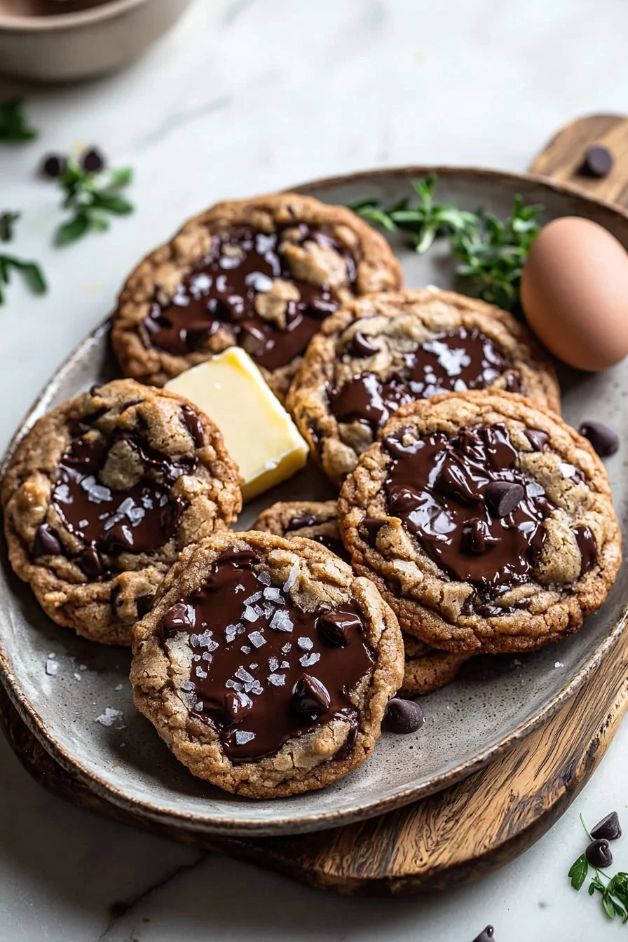 Braune Butter Schokoladenkekse auf einem Teller, frisch gebacken und lecker.