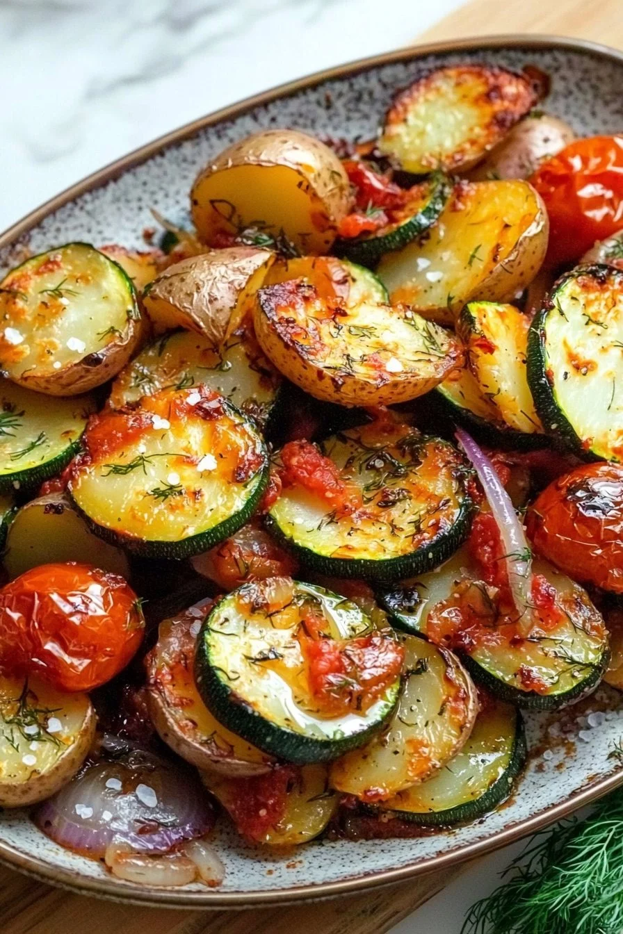 Briam - Griechisch gebackenes Zucchini und Kartoffeln auf einem Teller