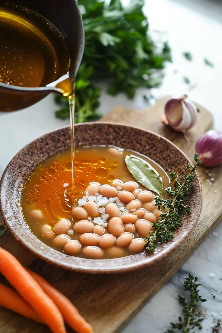 Schüssel mit Brühe Karotten Butterbohnen Suppe auf einem Holztisch