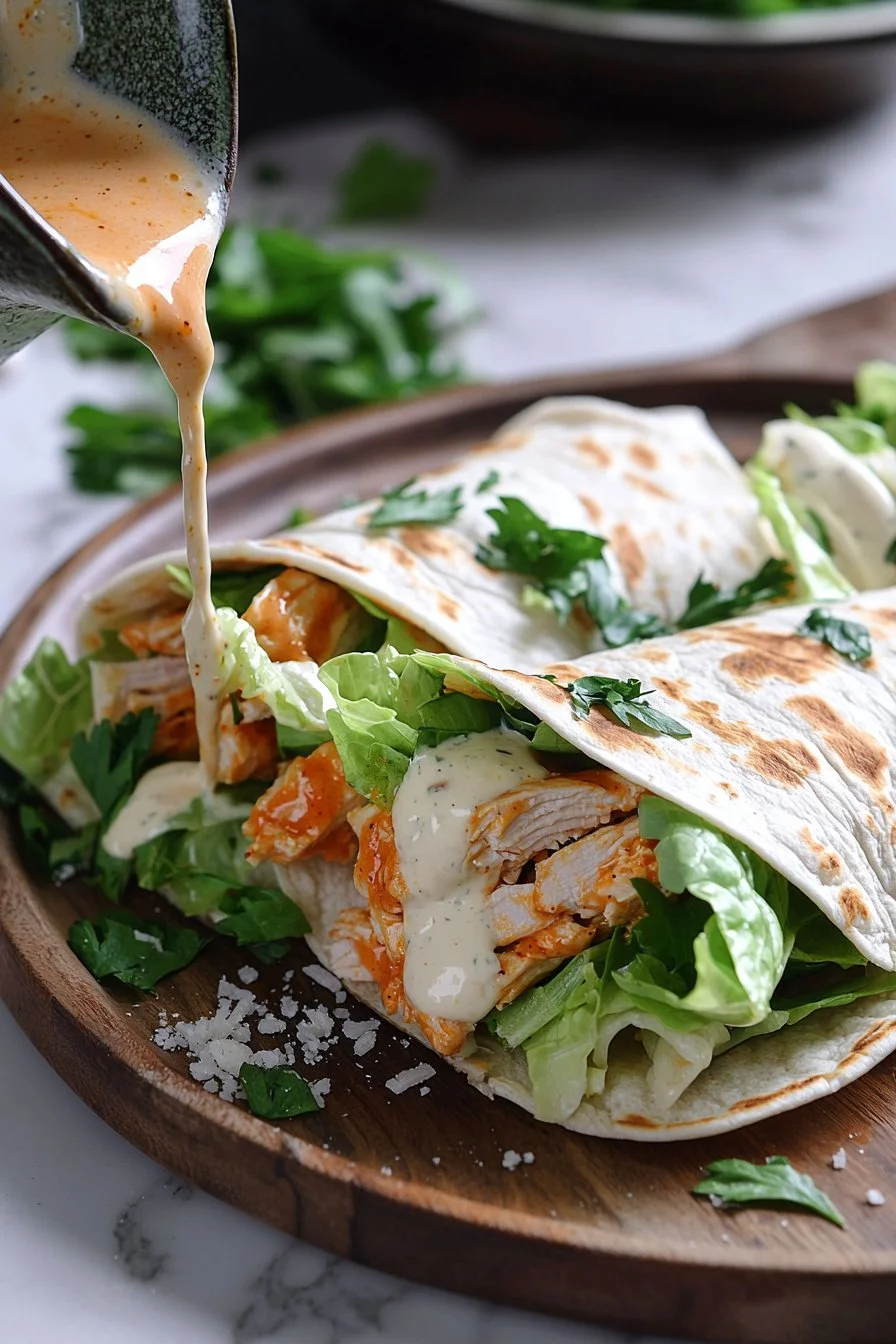 Buffalo Hühnchen Caesar Wraps serviert auf einem Holzbrett