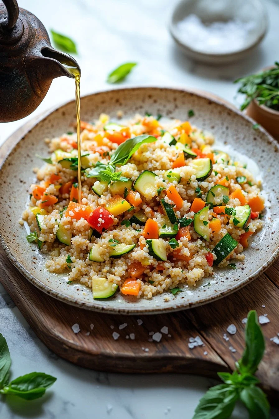 Bulgur Gemüse-Pfanne mit frischem Gemüse und Gewürzen auf einem Teller