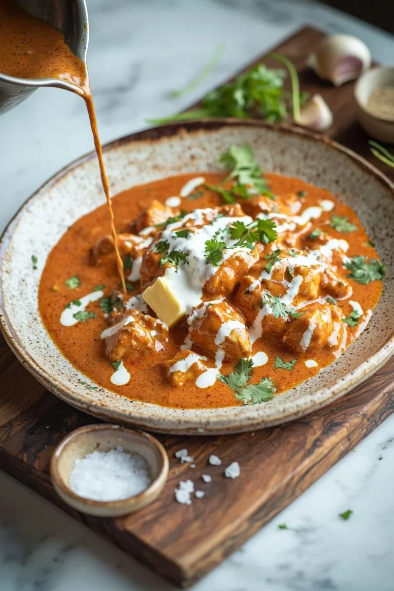 Köstliches Butterhühnchen mit cremiger Sauce und Gewürzen auf einem Teller.