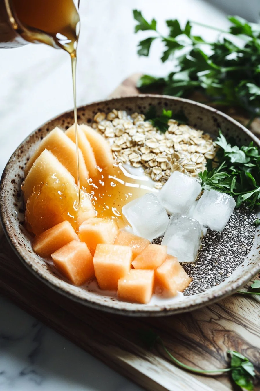 Cantaloupe Frühstücks-Smoothie-Schüssel mit frischen Zutaten und gesunder Deko.