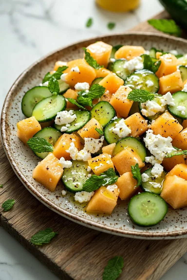 Erfrischender Cantaloupe-Gurken-Feta-Minze-Salat auf einem Teller