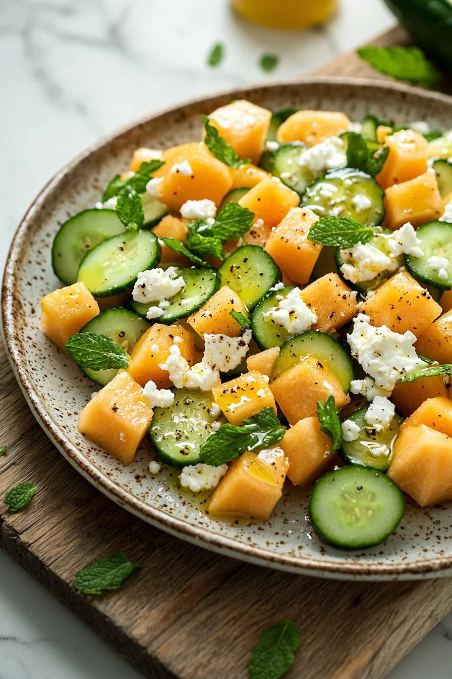 Erfrischender Cantaloupe-Gurken-Feta-Minze-Salat auf einem Teller