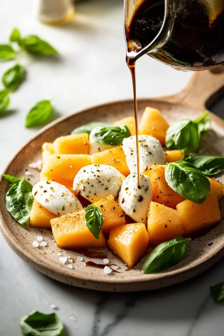 Cantaloupe-Mozzarella-Salat mit frischen Zutaten und Dressing.