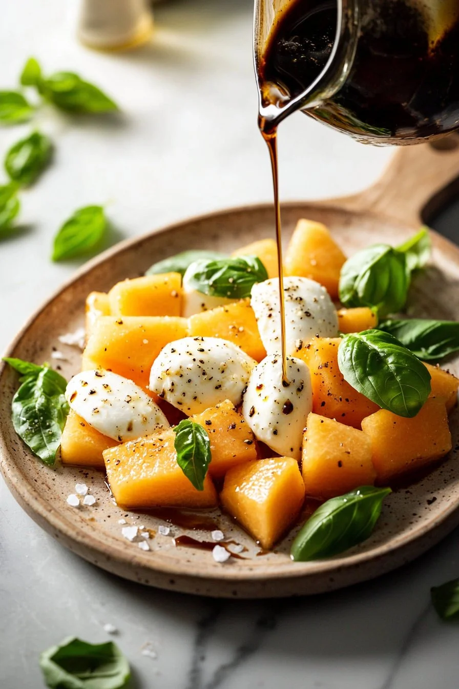 Cantaloupe-Mozzarella-Salat mit frischen Zutaten und Dressing.