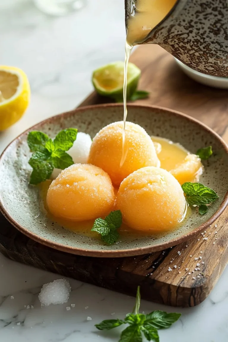 Erfrischendes Cantaloupe-Sorbet in einer eleganten Schale serviert.