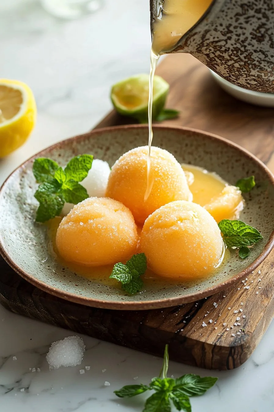 Erfrischendes Cantaloupe-Sorbet in einer eleganten Schale serviert.