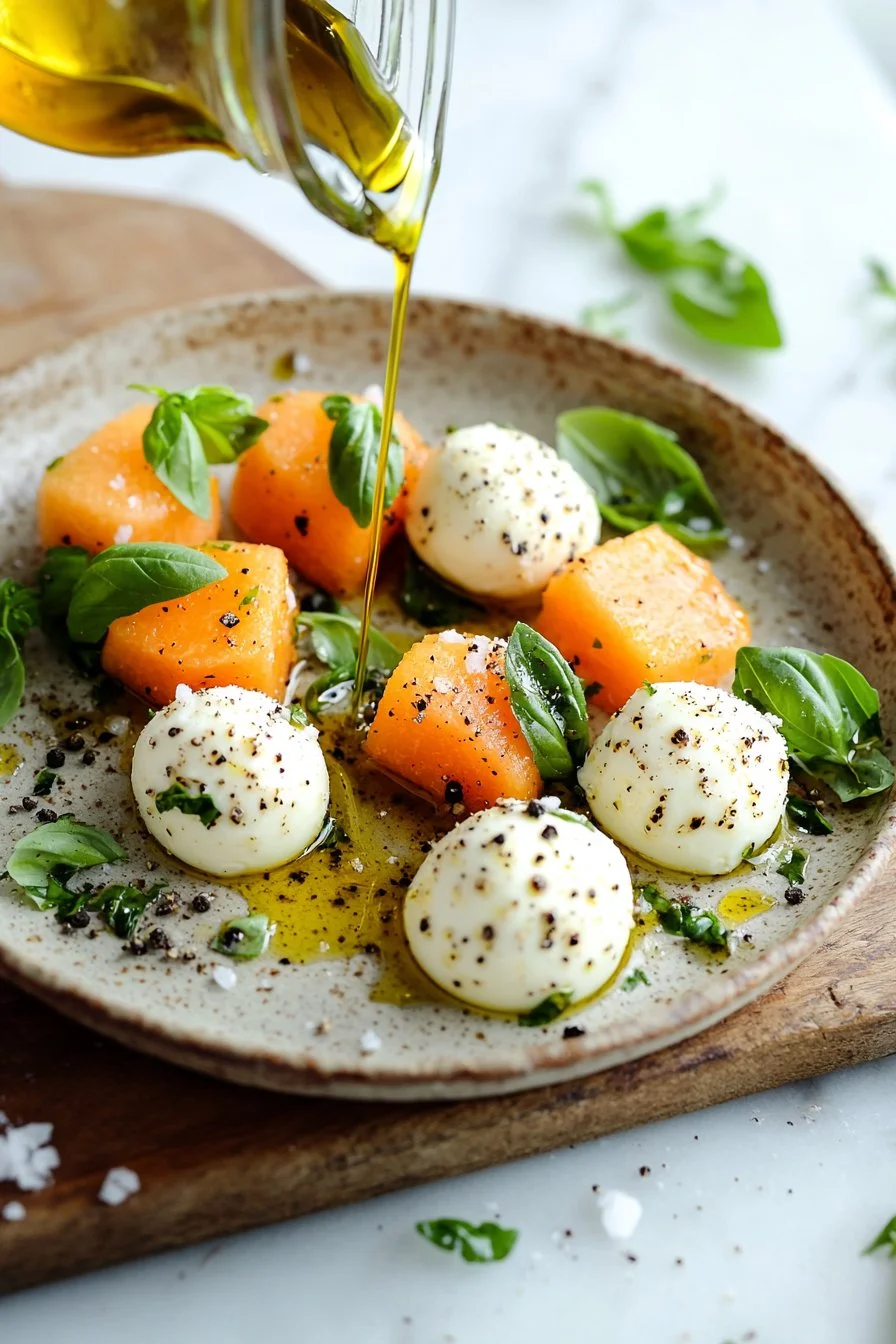 Cantaloupe Mozzarella Bissen auf einem weißen Teller angerichtet