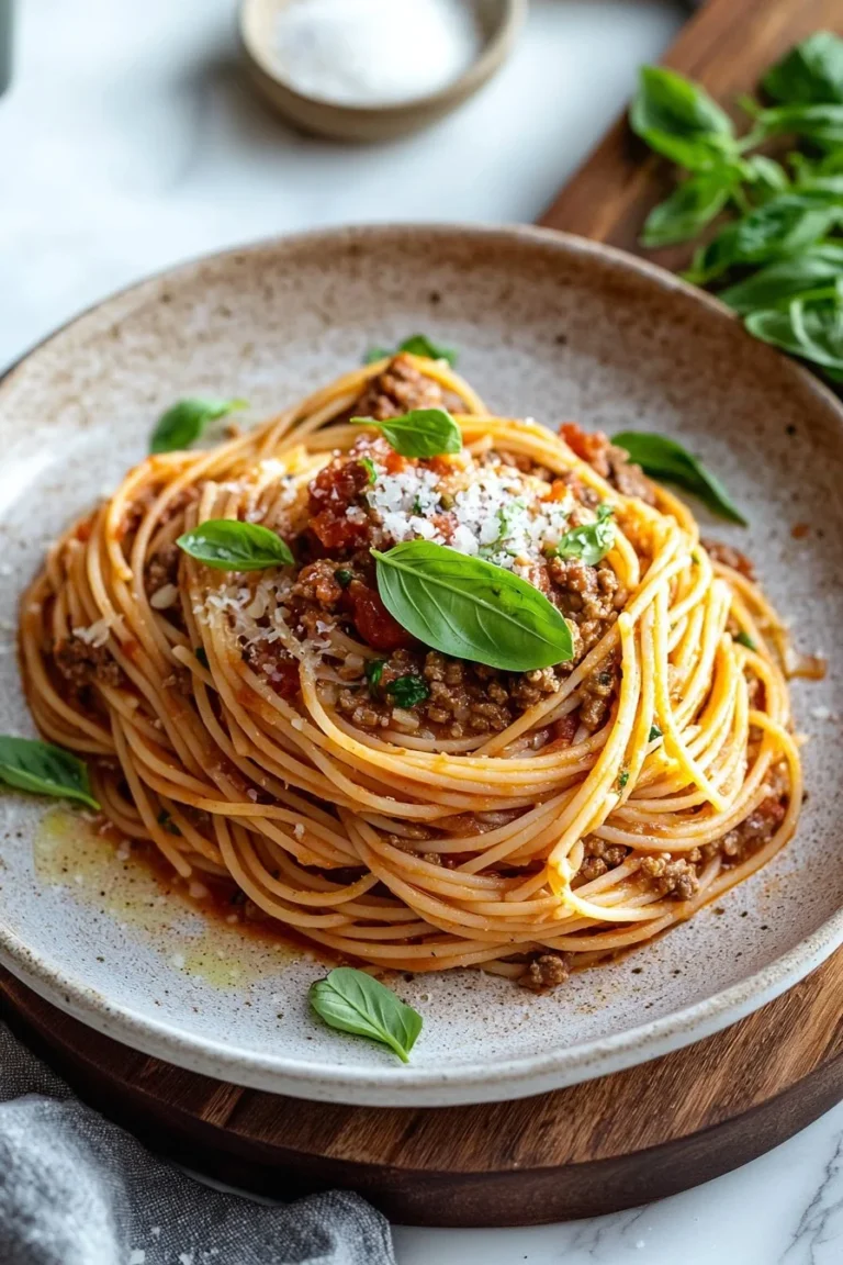 Schüssel mit Chicagoer Spaghetti, garniert mit Kräutern und Parmesan