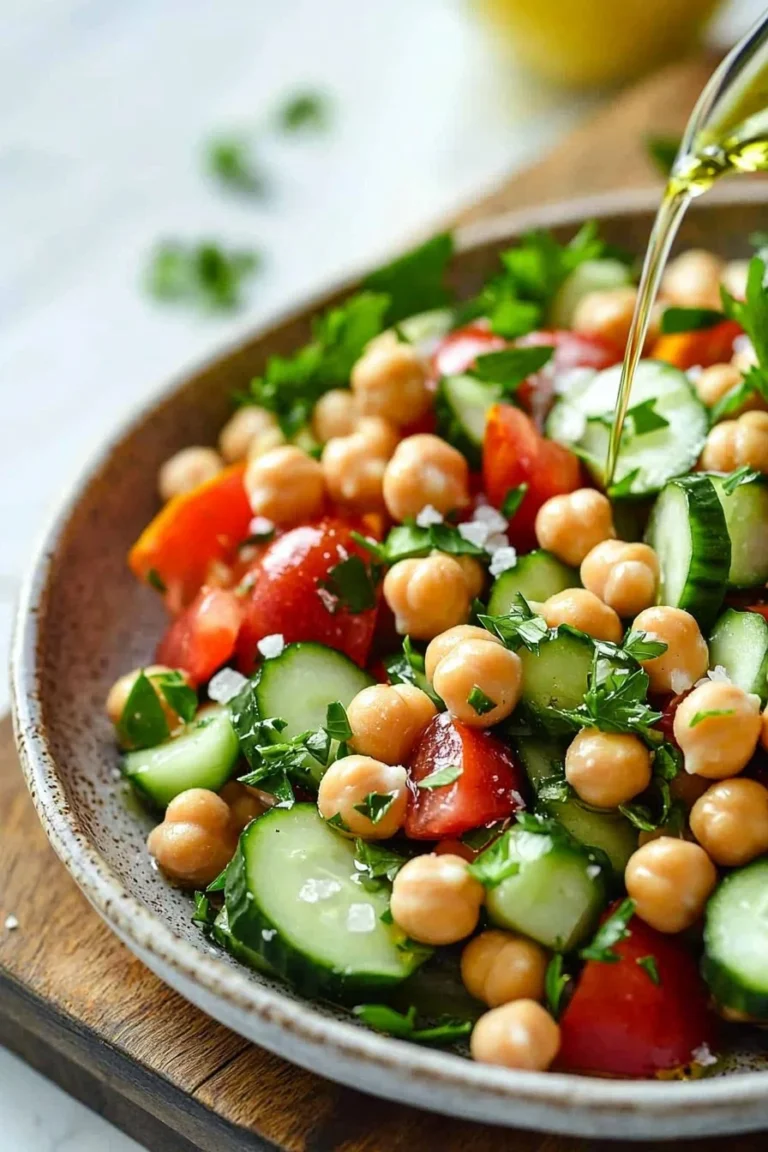 Schmackhafter Kichererbsensalat mit Gurken und Tomaten auf einem Teller.
