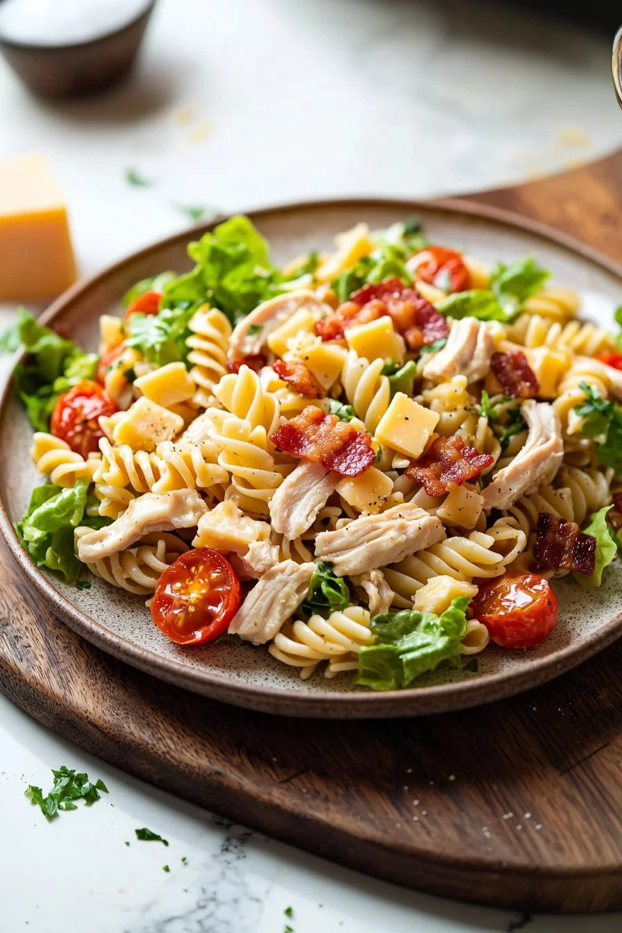 Leckerer Club Sandwich Pasta Salat auf einem Teller serviert.