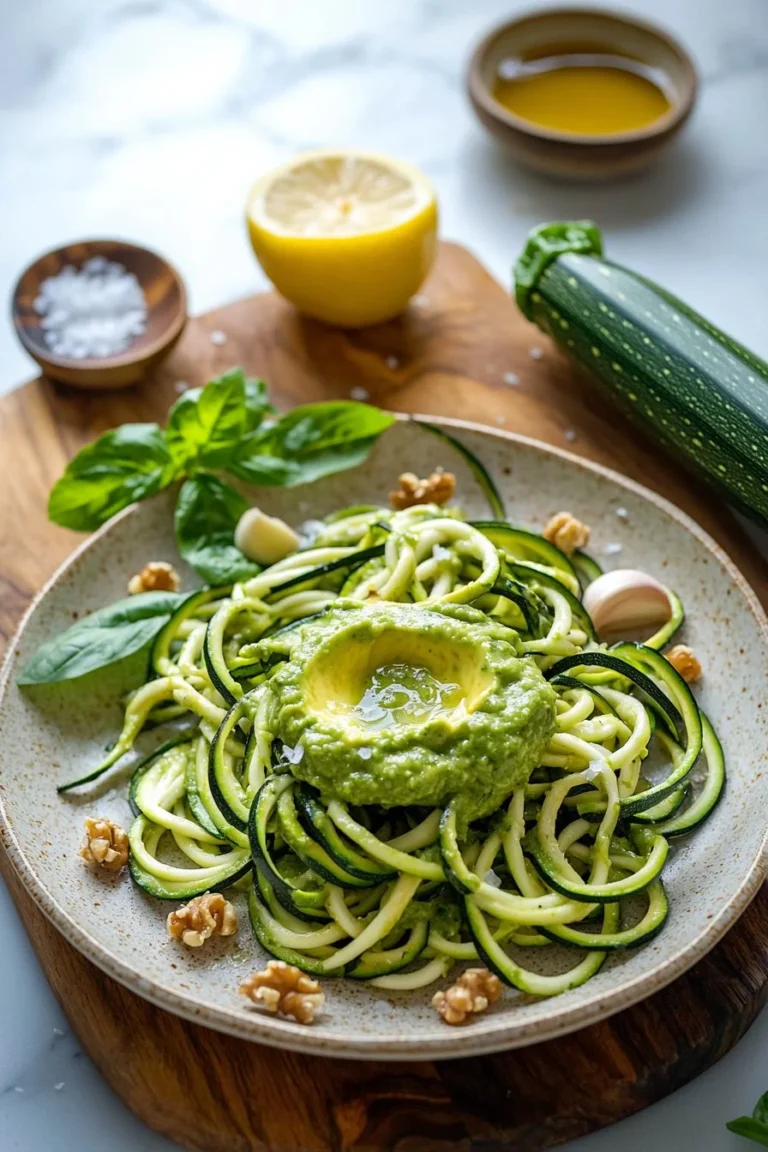 Cremige Avocado-Pesto-Zucchini-Nudeln auf einem Teller garniert mit frischen Kräutern.