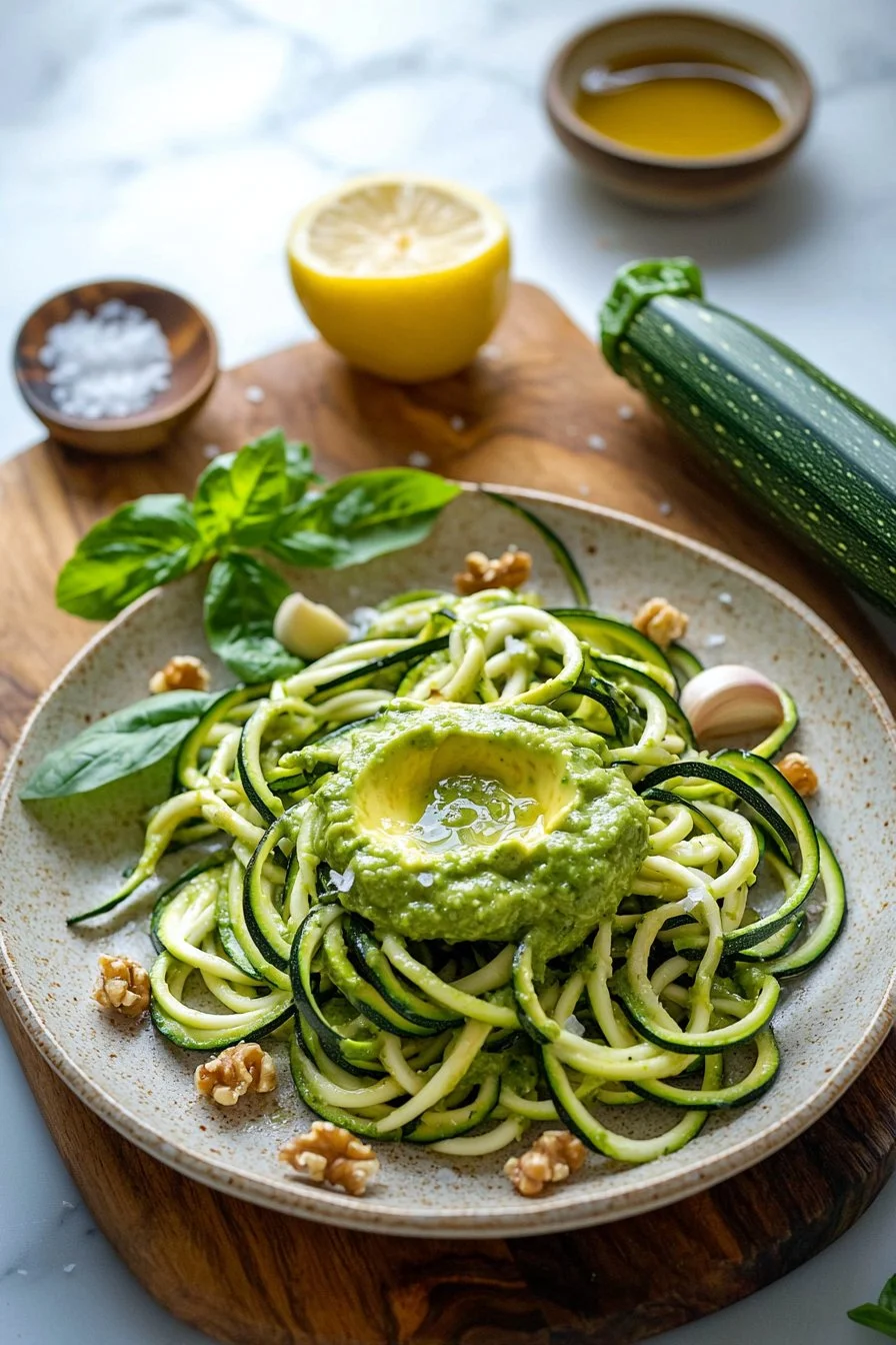 Cremige Avocado-Pesto-Zucchini-Nudeln auf einem Teller garniert mit frischen Kräutern.