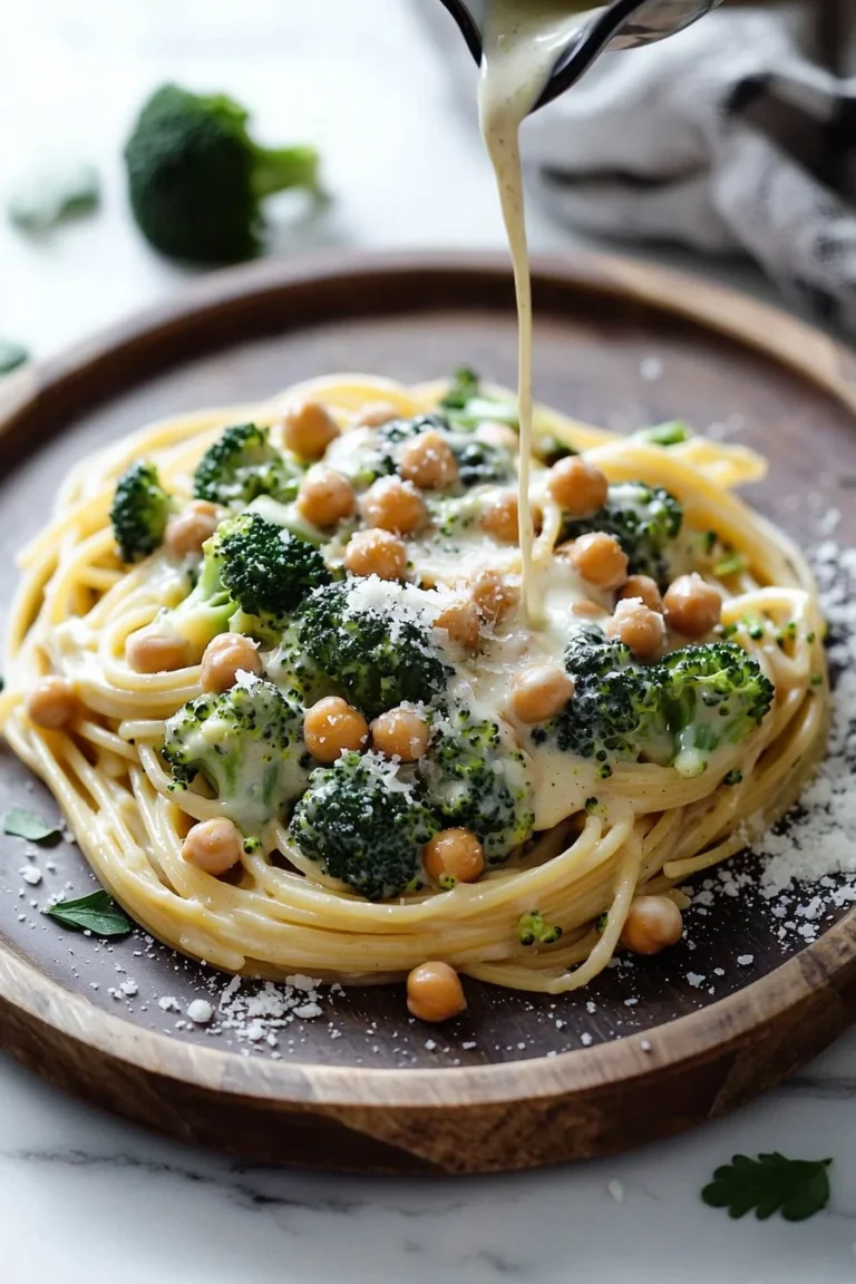 Cremige Brokkoli-Kichererbsen-Pasta mit frischen Zutaten
