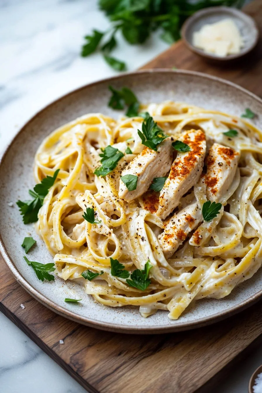 Cremige Cajun-Hühnchen-Pasta mit würziger Soße und frischem Gemüse