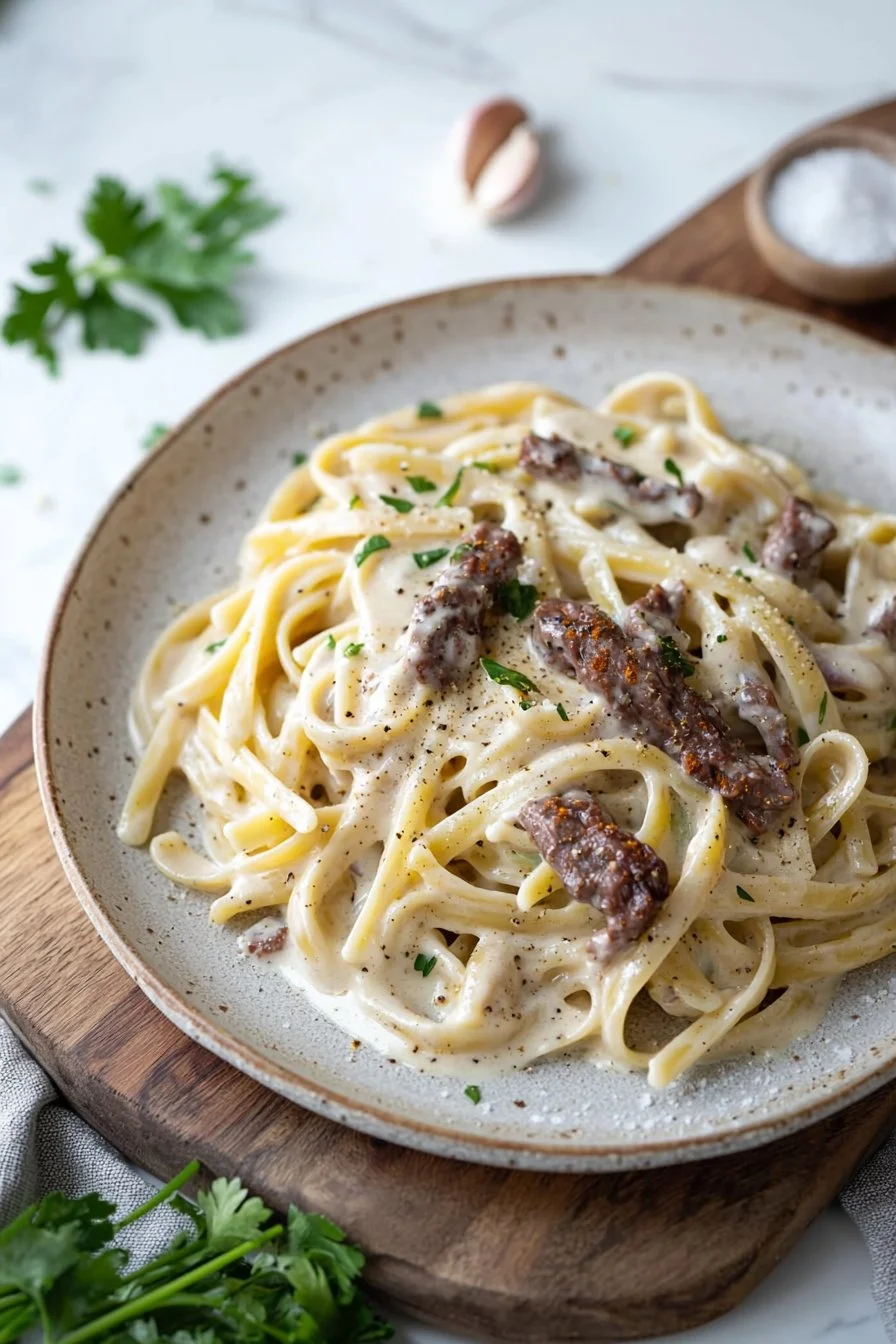 Cremige Cajun-Rindfleisch-Pasta mit würziger Soße und frischen Zutaten.