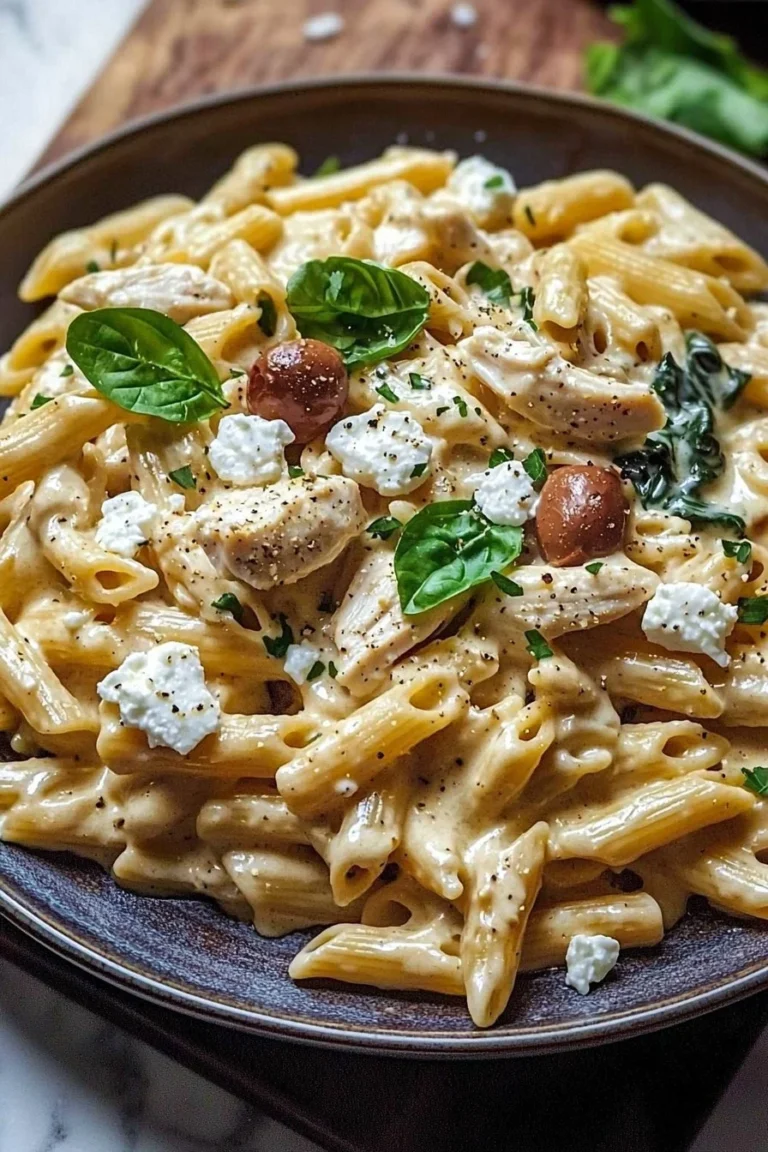 Ein Teller cremiger Hühnchen-Feta-Pasta mit frischen Zutaten.