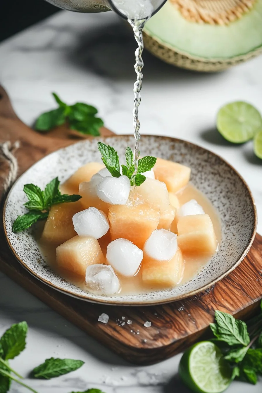 Cremige Melonen Agua Fresca in einem Glas mit frischen Melonenstücken
