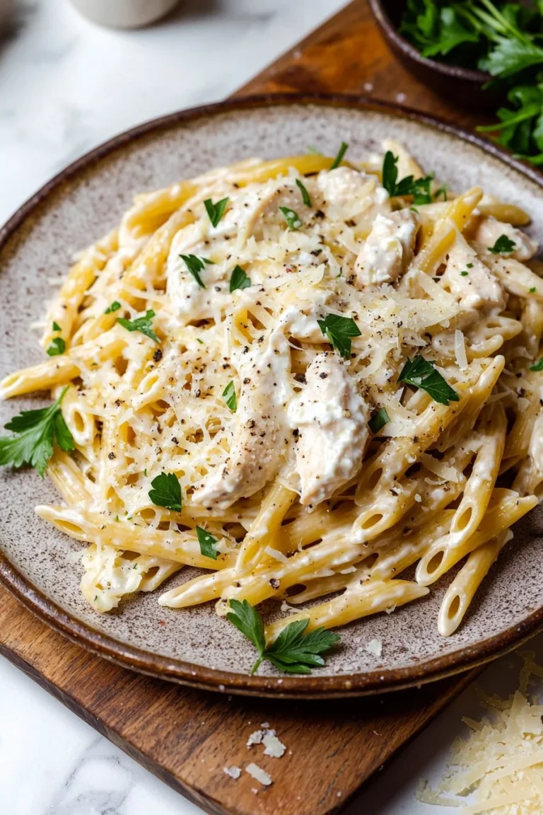 Cremige Ricotta-Hühnchen-Pasta mit frischen Zutaten serviert