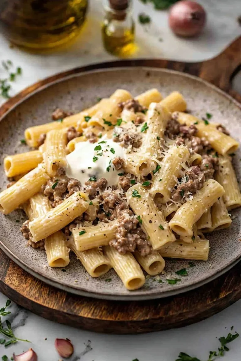 Cremige Rindfleisch Rigatoni Pasta mit frischen Kräutern und Parmesan