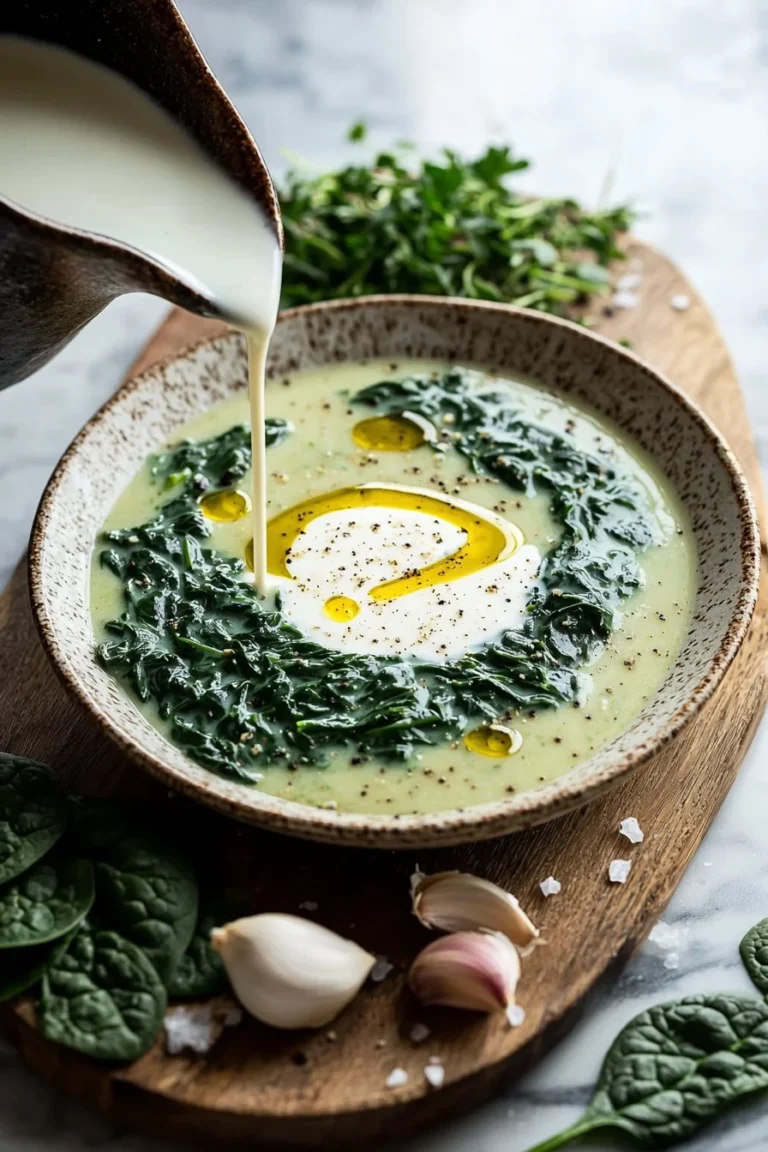 Cremige Spinatsuppe serviert in einer Schüssel, garniert mit Croutons und Sahne.