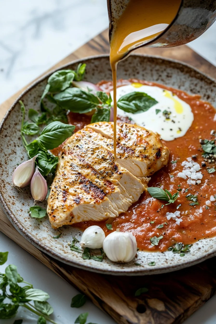 Cremige Tomaten-Hühnerbrust mit frischen Zutaten auf einem Teller