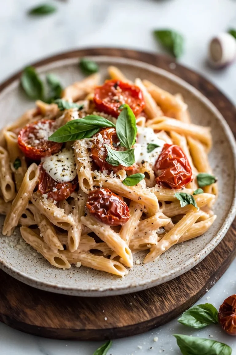 Cremige toskanische Pasta mit langsam gerösteten Tomaten auf einem Teller serviert