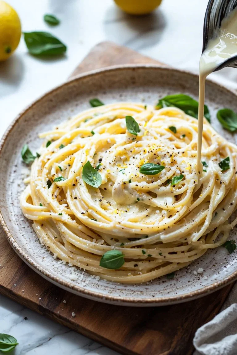 Cremige Zitronen-Knoblauch-Pasta mit frischen Zutaten auf einem Teller