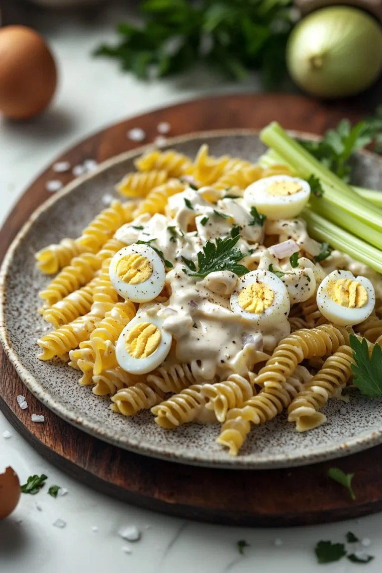 Cremiger Eiersalat mit Pasta in einer Schüssel serviert