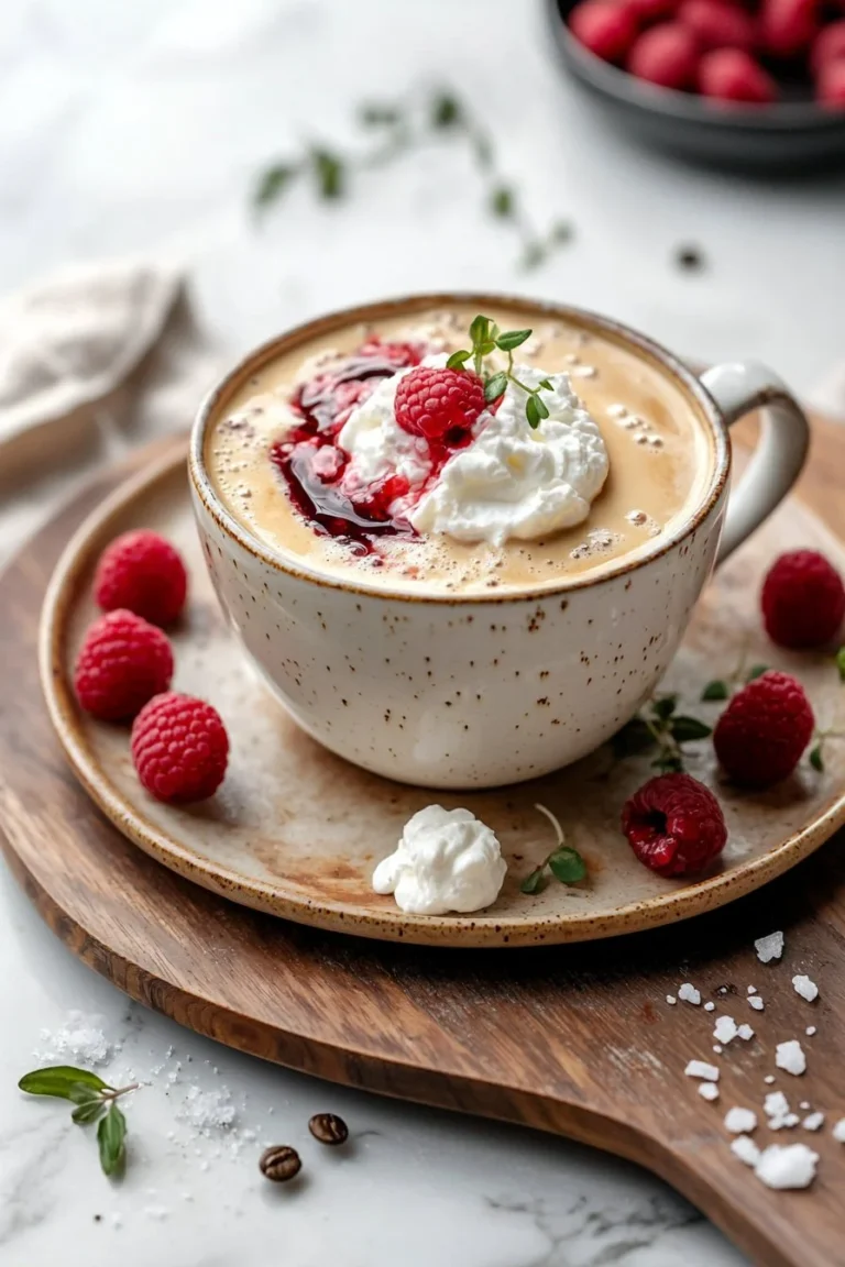 Cremiger Himbeer-Käsekuchen-Latte mit frischen Himbeeren und Käsekuchen-Aromen.