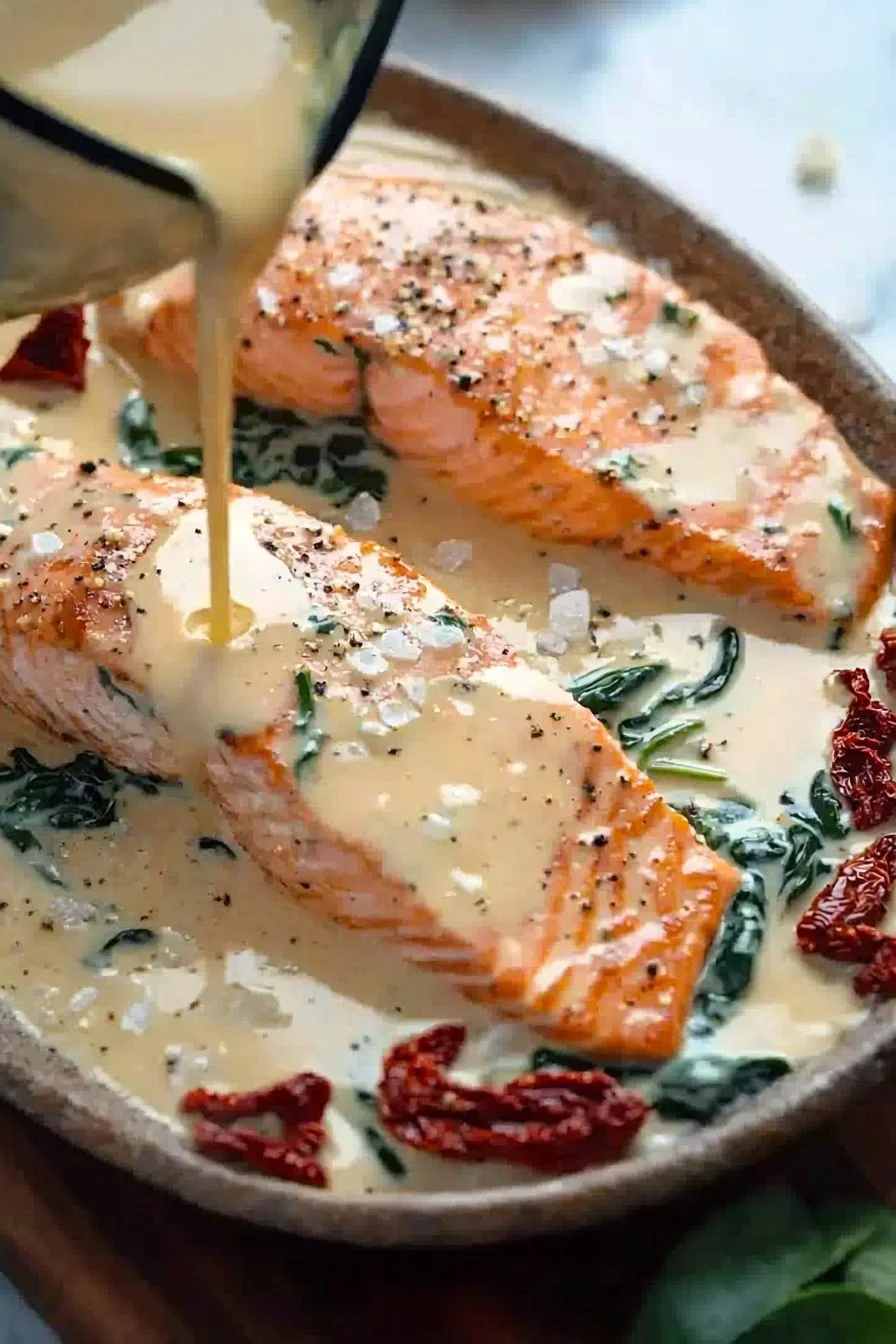 Cremiger toskanischer Lachs mit frischen Kräutern und Beilagen präsentiert