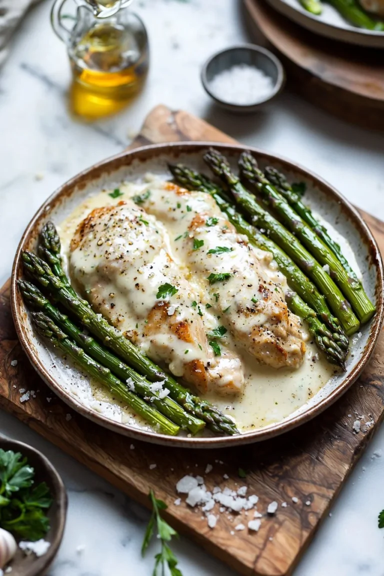 Cremiges gebackenes Hähnchen mit Spargel auf einem Teller serviert