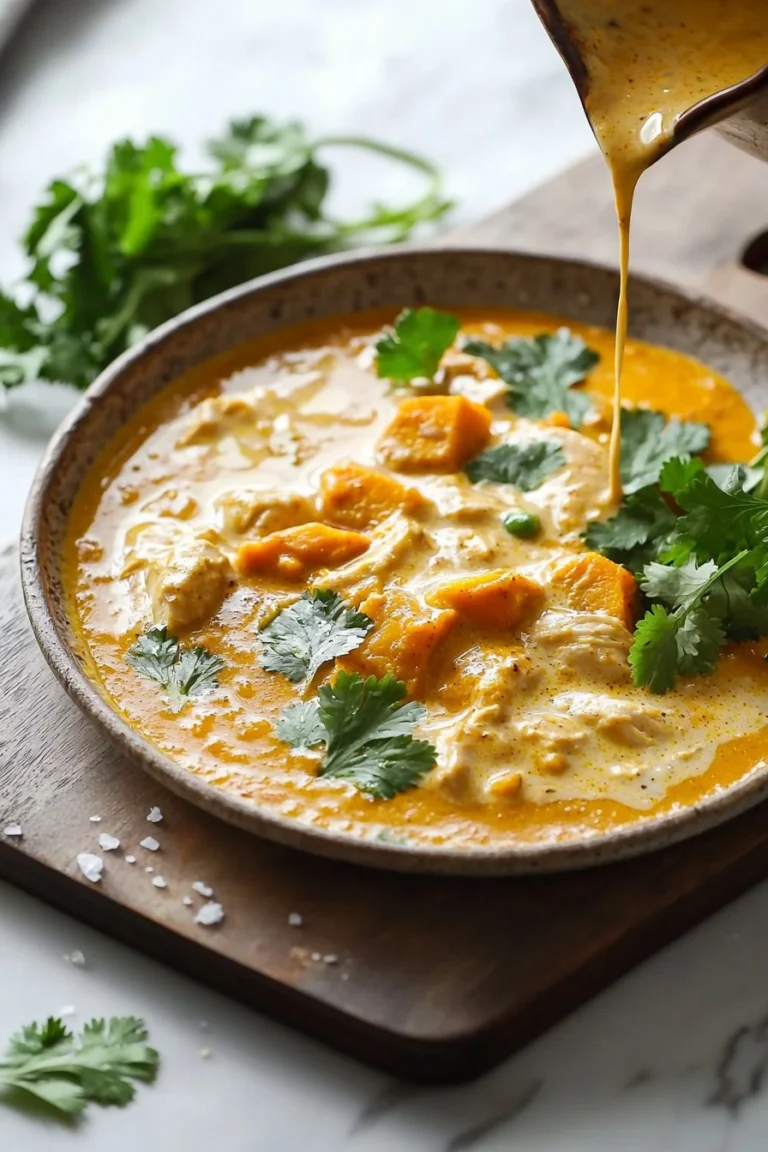 Cremiges Kürbis-Hühnchen-Curry mit frischem Gemüse in einer Schüssel serviert.