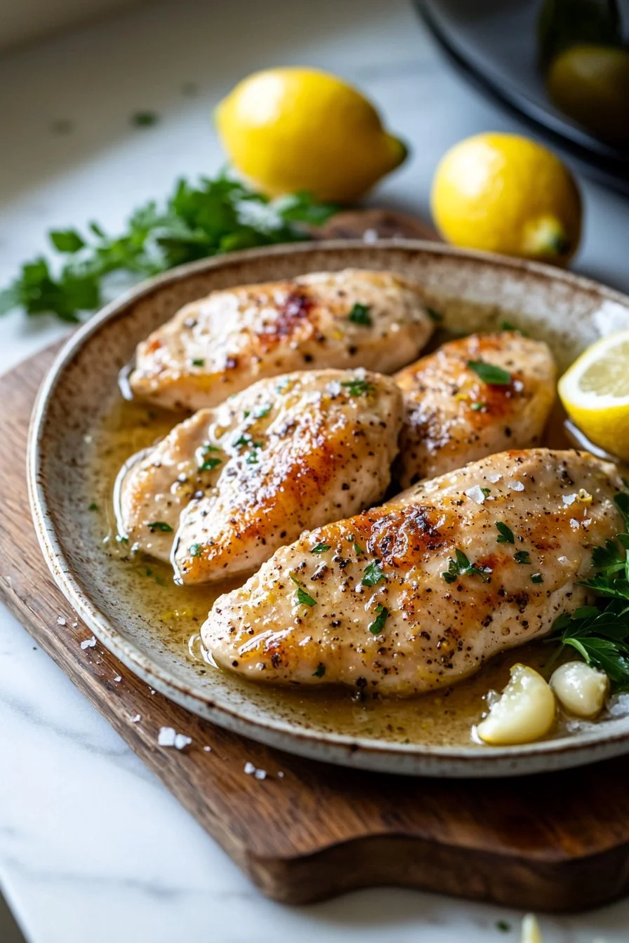 Leckeres Crockpot Zitronen-Knoblauch-Hähnchen auf einem Teller serviert