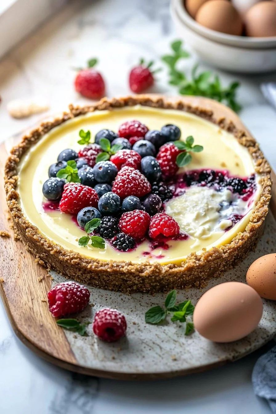 Dreifach-Beeren-Käsekuchen mit frischen Beeren auf einem goldbraunen Boden.