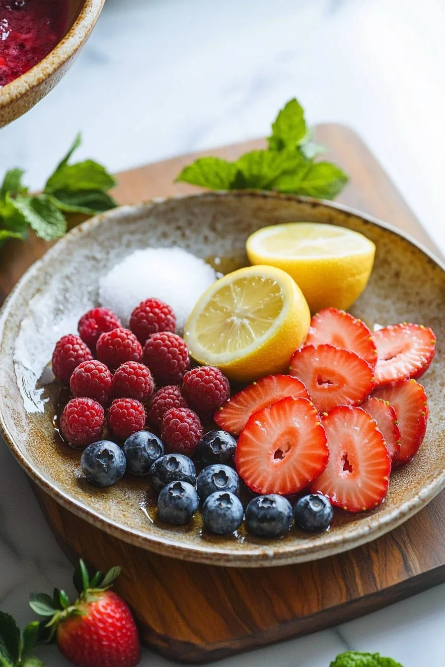 Eine erfrischende Dreifach-Beeren-Limonade in einem Glas mit Beeren dekoriert.