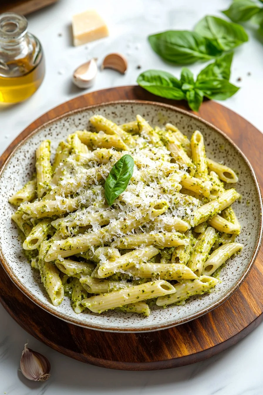 Cremige Pesto-Pasta in einem Topf serviert, garnierte mit frischen Kräutern.