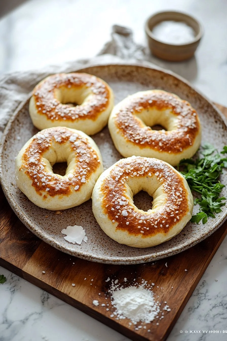 Griechische Joghurt Bagels mit 3 Zutaten auf einem Holzbrett