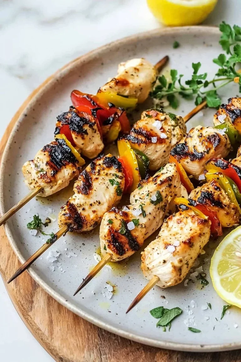 Einfache Chicken Souvlaki Hühnchenspieße auf einem Grill zubereitet.