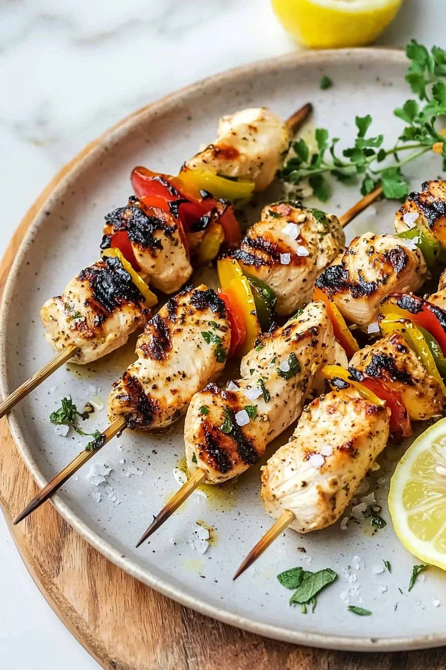Einfache Chicken Souvlaki Hühnchenspieße auf einem Grill zubereitet.